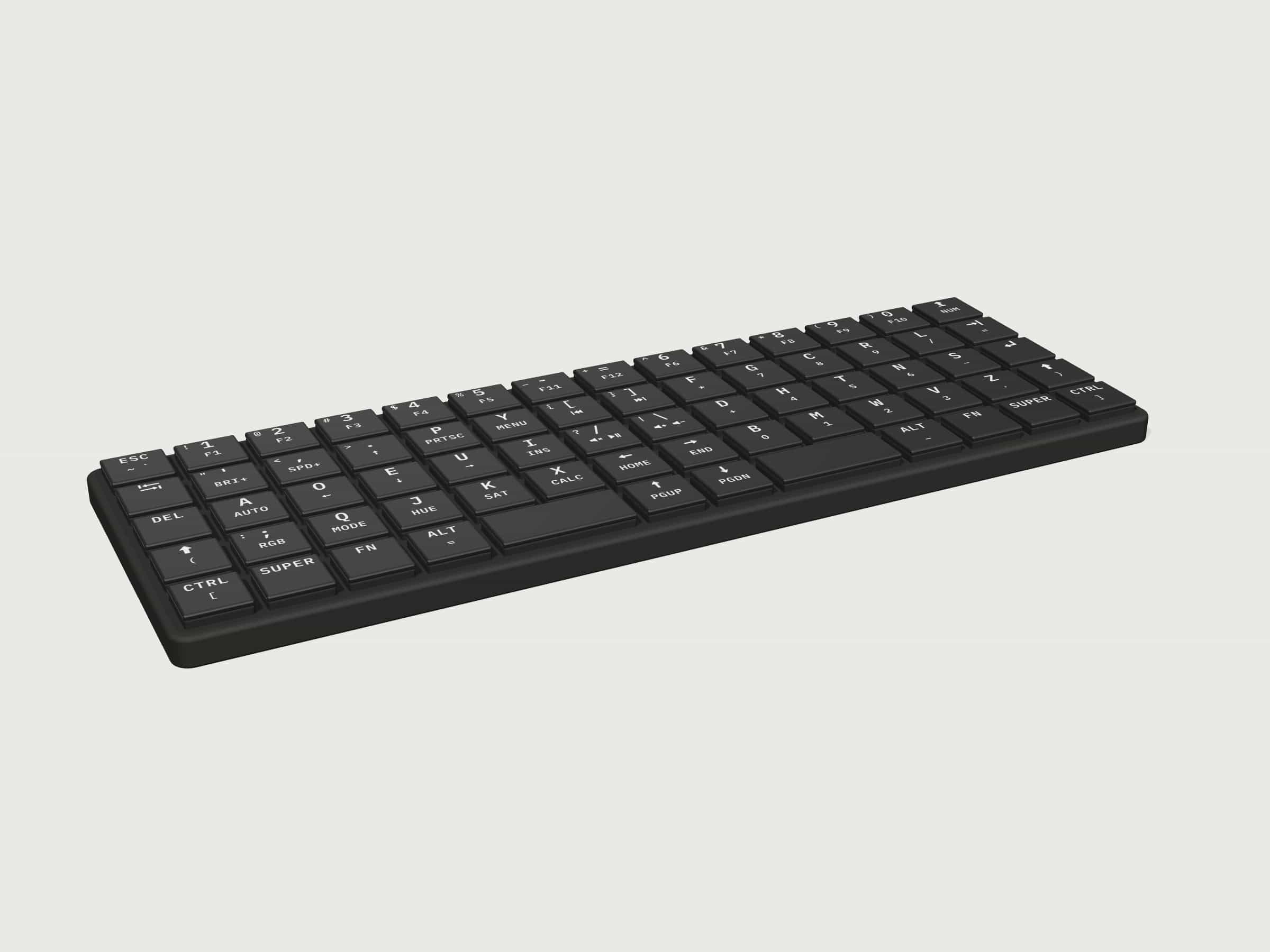 KeBe Lite, rendered from its design files: black key tops with white laser-etched legends in a black nylon case.