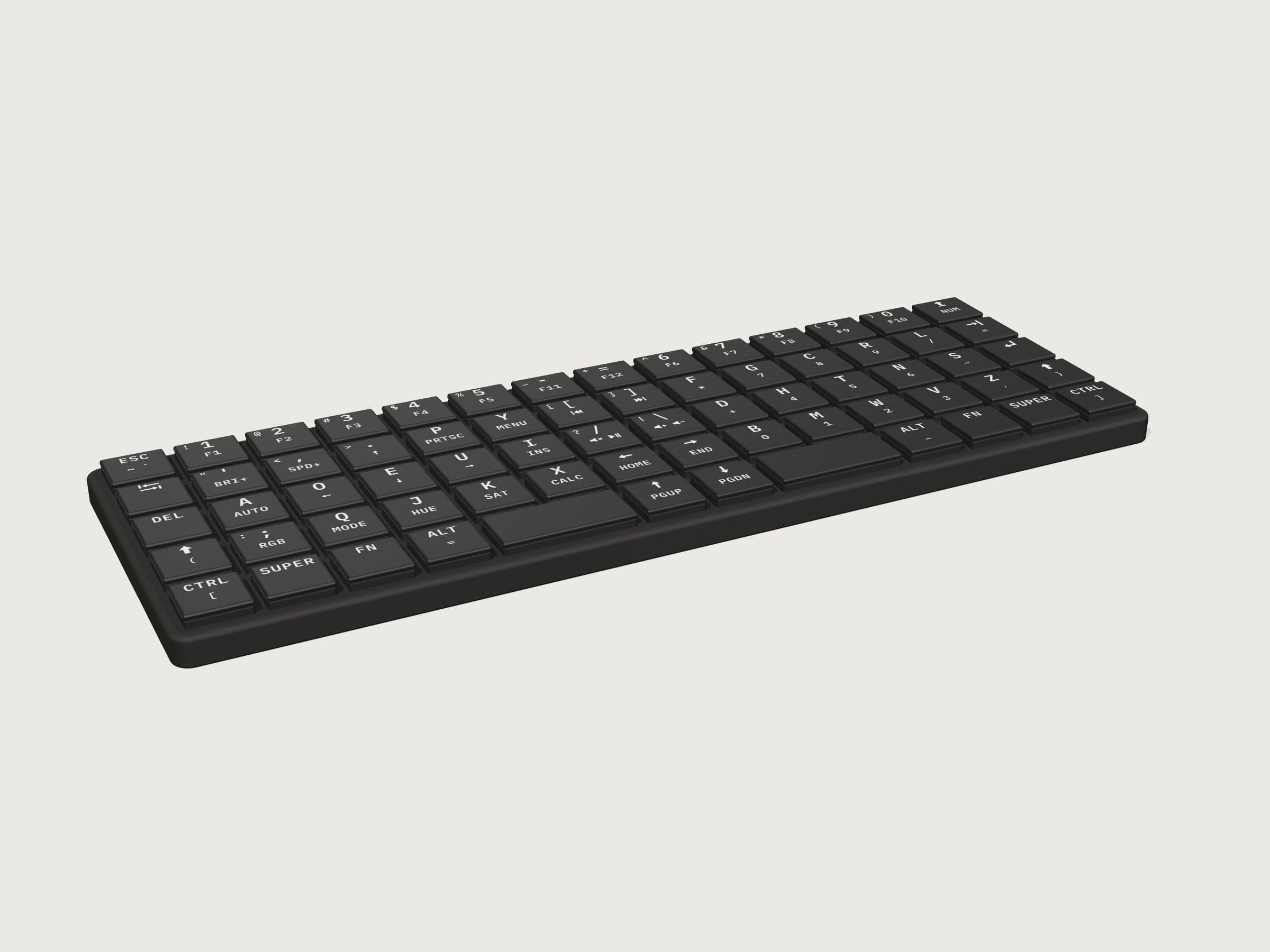 KeBe Lite, rendered from its design files: black key tops with white laser-etched legends in a black nylon case.