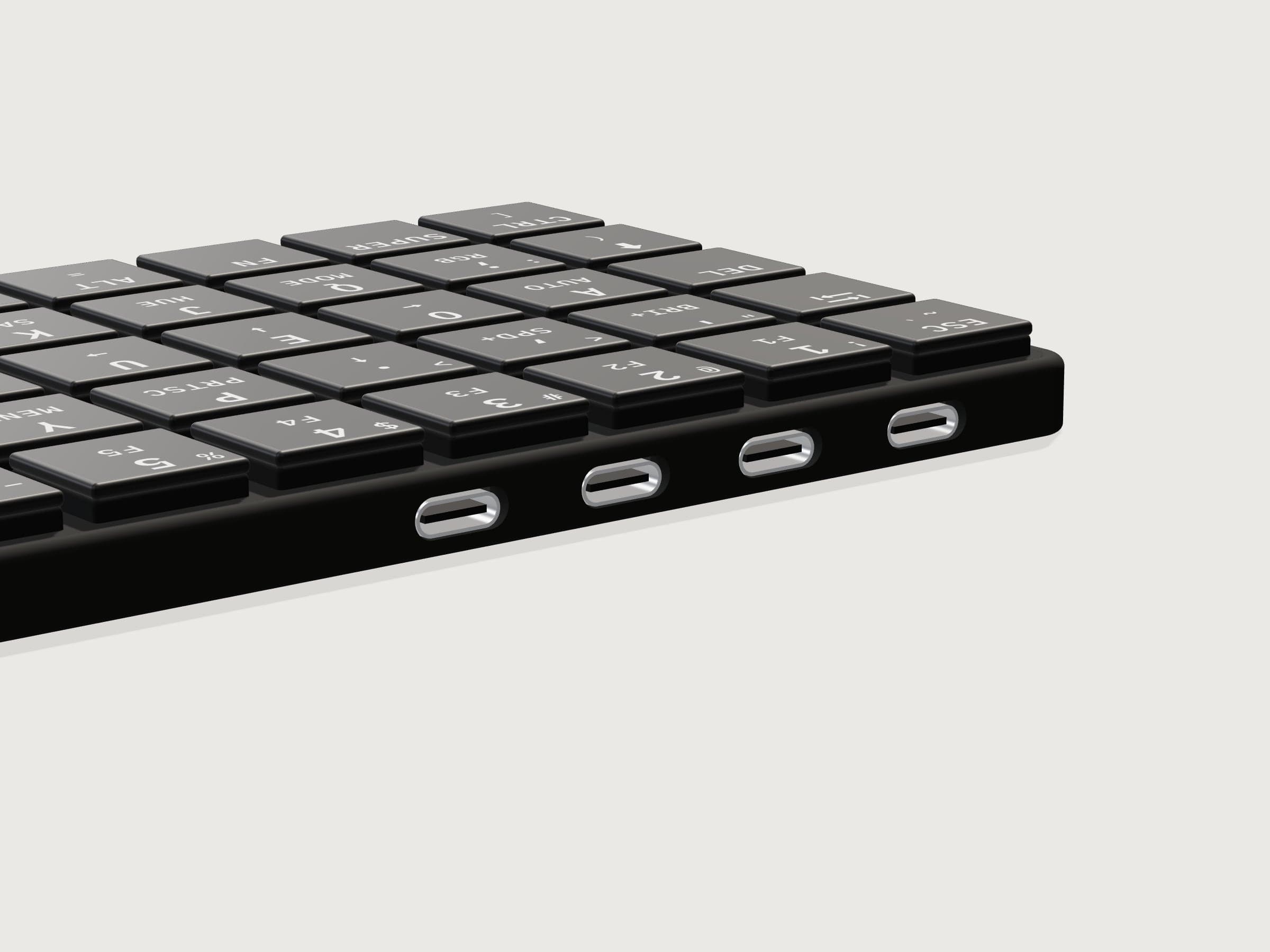 The back edge of KeBe Lite, rendered from its design files: four USB-C ports, one to the computer and three for its USB 2.0 hub.