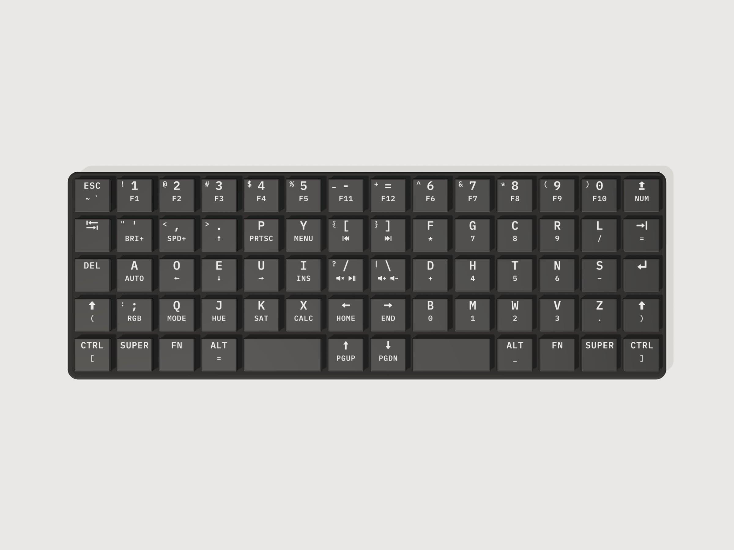 KeBe Lite from above, rendered from its design files: 68 keys in straight columns, the Dvorak letters in the middle.