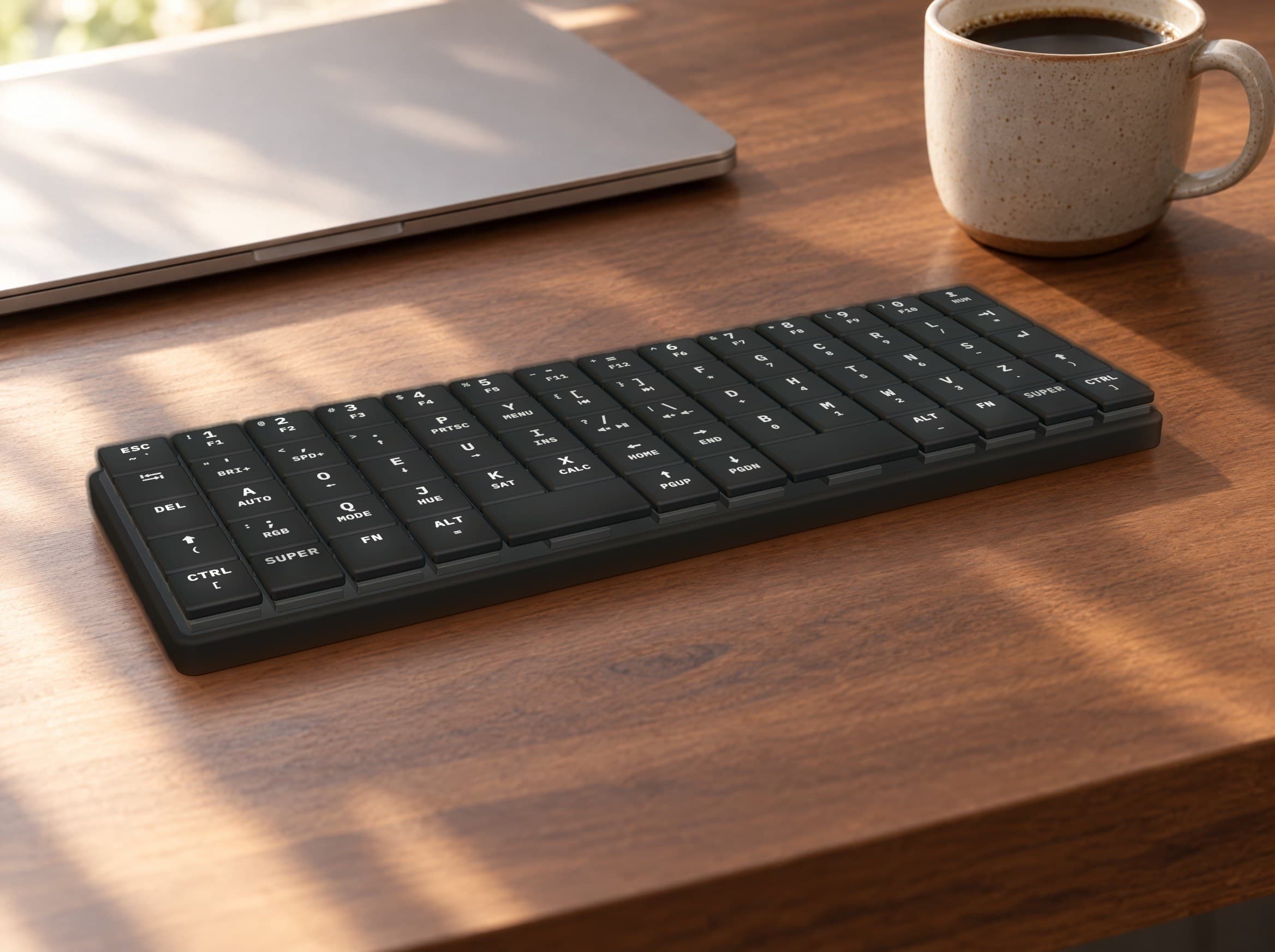 KeBe v2 CAD model on a wooden desk beside a laptop and a cup of coffee, in an AI-generated scene.