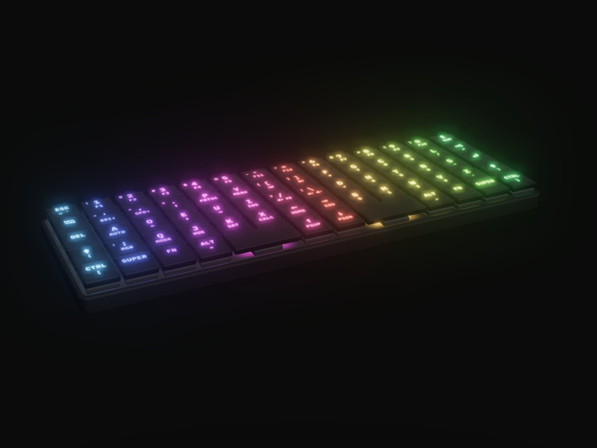 KeBe v2, rendered from its CAD with its per-key lighting on.