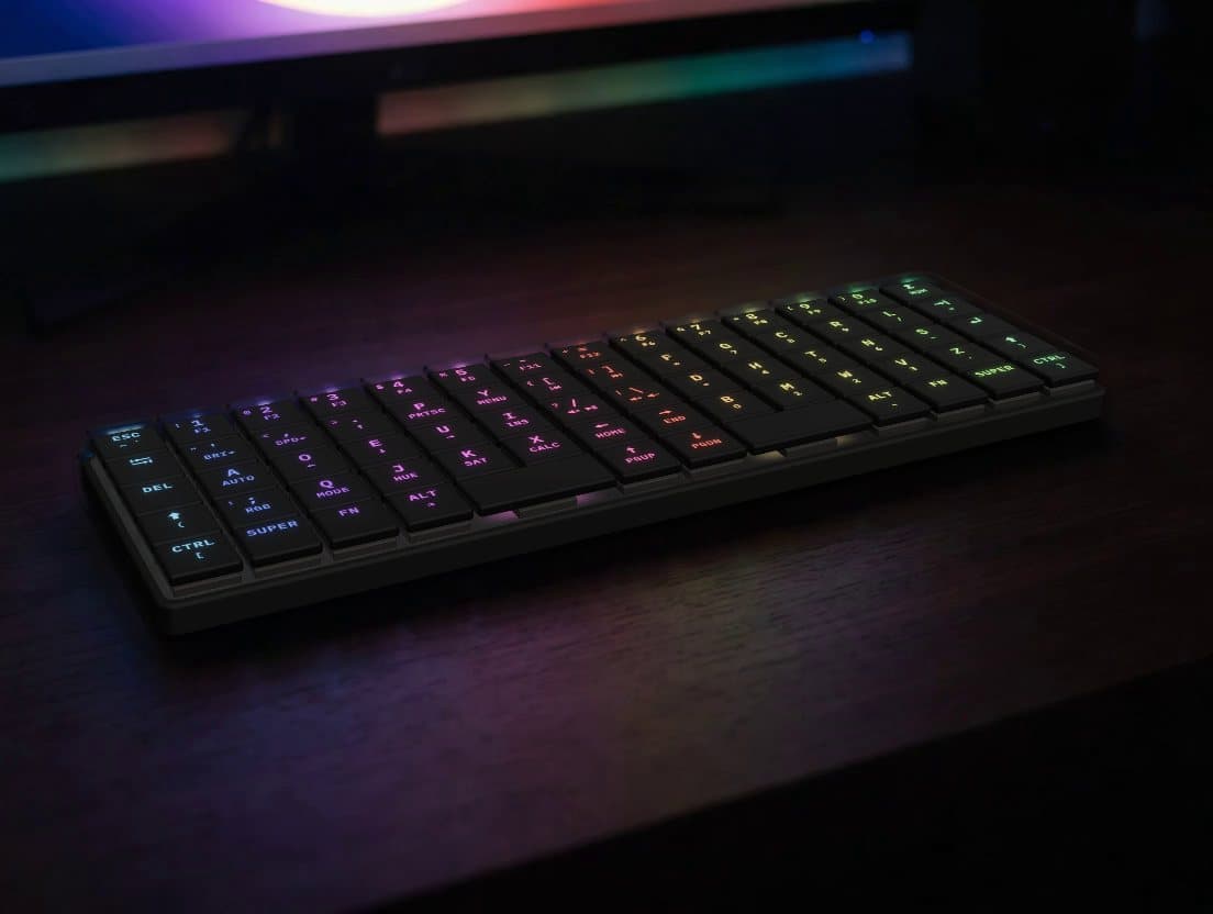 KeBe v2 on a desk at night, its legends lit in a rainbow by the per-key RGB.