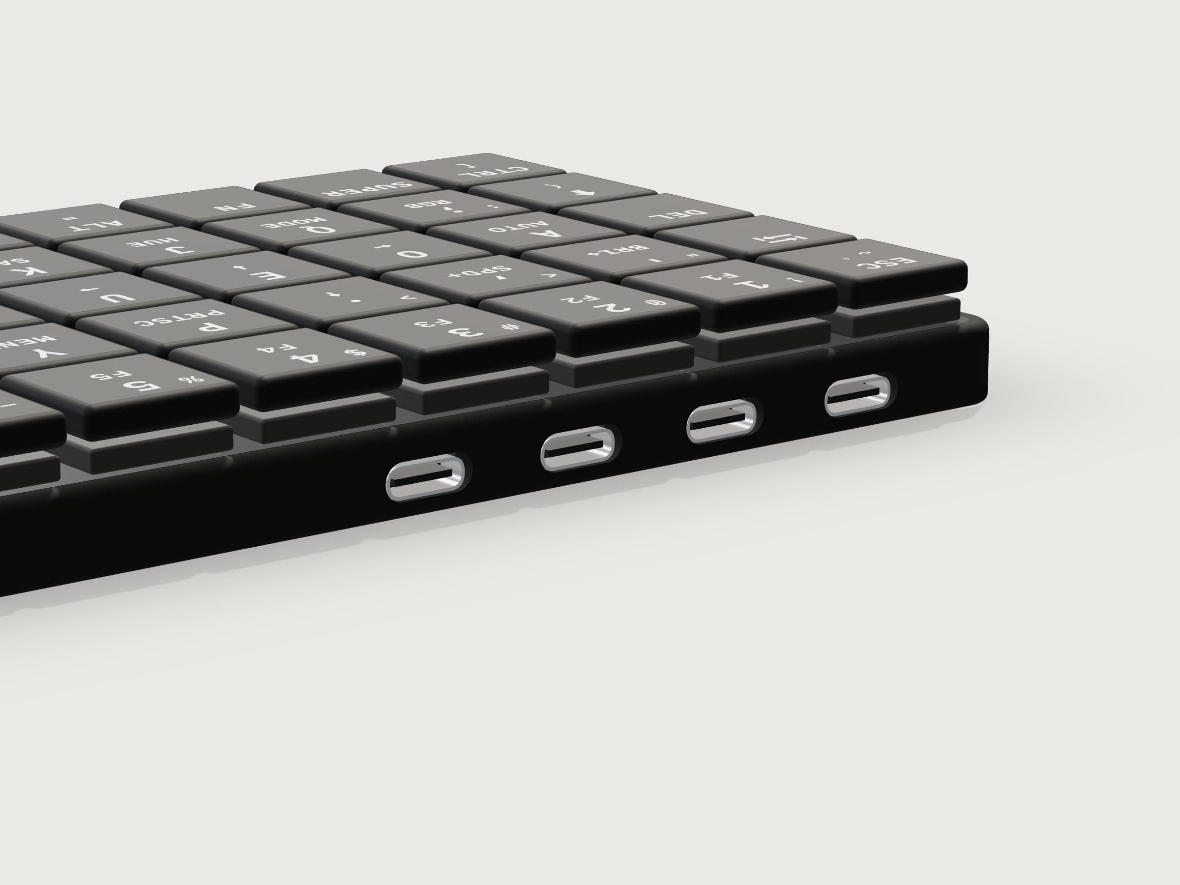 The back edge of KeBe v2, rendered from its CAD: four USB-C ports, one to the computer and three for its USB 2.0 hub.